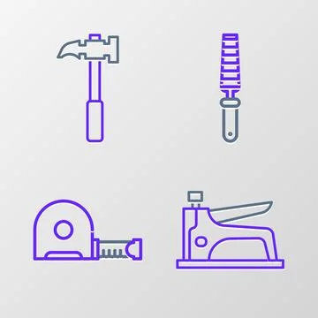 Set line Construction stapler, Roulette construction, Chisel tool for wood and Stock Illustration