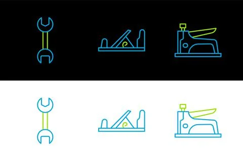 Set line Construction stapler, Wrench spanner and Wood plane tool icon. Vector Stock Illustration