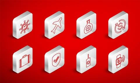 Set line Contactless payment, Plane, Bioengineering, Return of investment Illustrazione stock