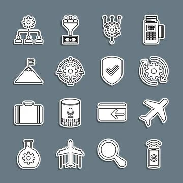Set line Contactless payment, Plane, Gear and arrows as workflow, Algorithm.. Illustrazione stock