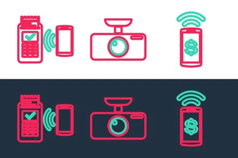 Set line Contactless payment, POS terminal and Car DVR icon. Vector Illustrazione stock