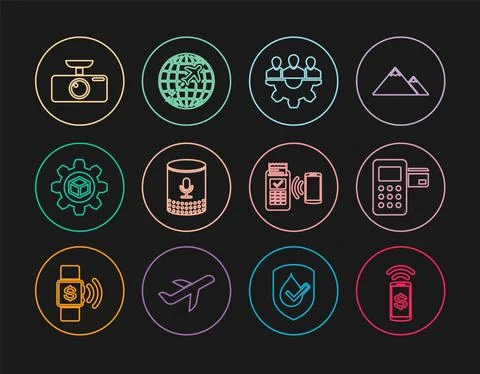 Set line Contactless payment, Pos terminal, Project team base, Voice assistant Stock Illustration