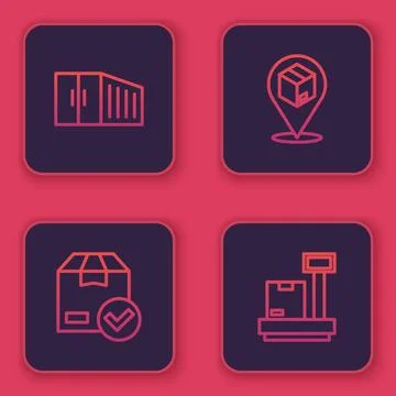 Set line Container, ackage box with check mark, Location cardboard and Scal.. Stock Illustration