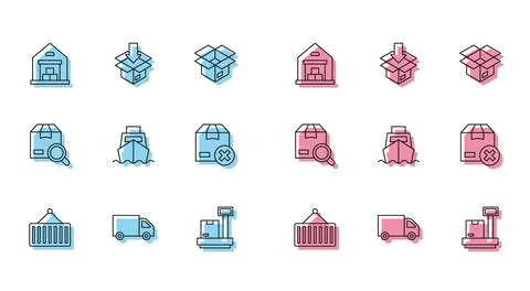 Set line Container on crane, Delivery cargo truck, Warehouse, Scale with card Stock Illustration