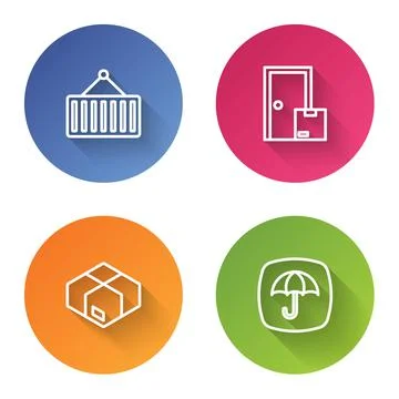 Set line Container on crane, Home delivery services, Carton cardboard box and Stock Illustration