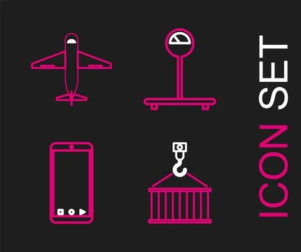 Set line Container on crane, Mobile phone with app delivery tracking, Scale and Stock Illustration