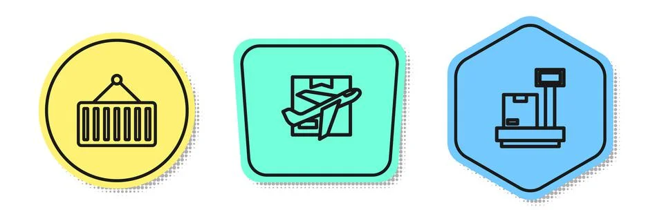 Set line Container on crane, Plane and cardboard box and Scale with. Colored イラスト素材
