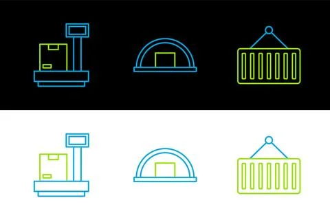 Set line Container on crane, Scale with cardboard box and Warehouse icon. V.. Illustrazione stock