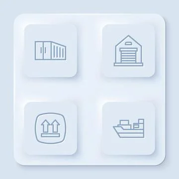 Set line Container, Warehouse, This side up and Cargo ship with boxes delivery Stock Illustration