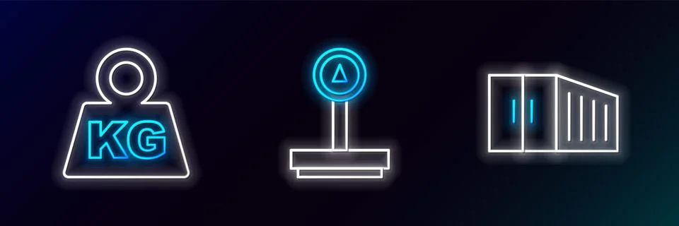 Set line Container, Weight and Scale icon. Glowing neon. Vector 스톡 일러스트