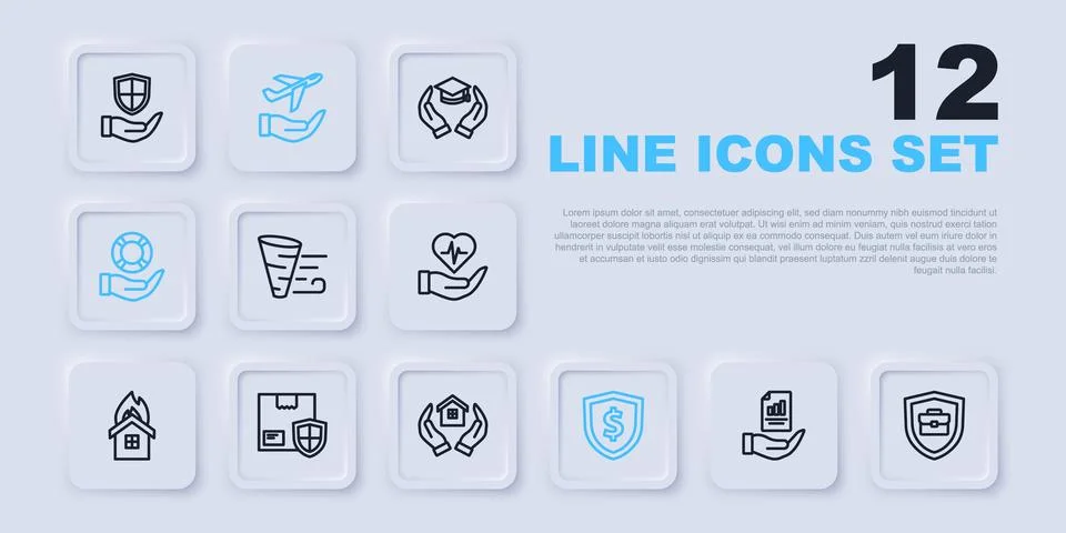 Set line Contract in hand, Briefcase with shield, Tornado, Shield dollar, L.. Stock Illustration