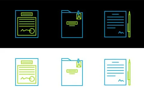 Set line Contract with pen, Filled form and Personal folder icon. Vector Stock Illustration