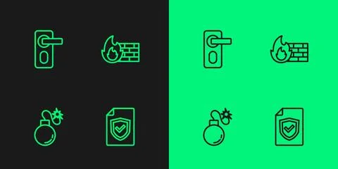 Set line Contract with shield, Bomb, Fingerprint door lock and Firewall Illustrazione stock