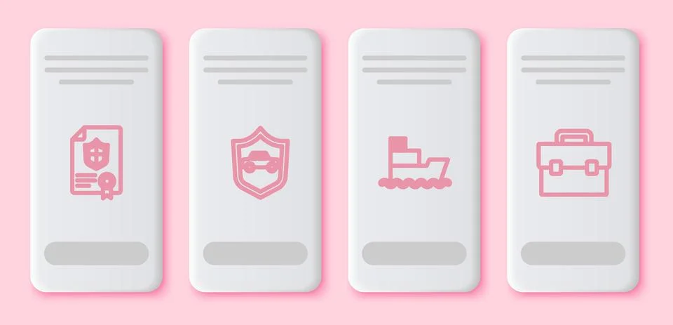 Set line Contract with shield, Car, Ship and Briefcase. White rectangle button イラスト素材