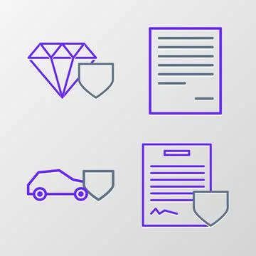 Set line Contract with shield, Car, Document and Diamond icon. Vector Stock Illustration
