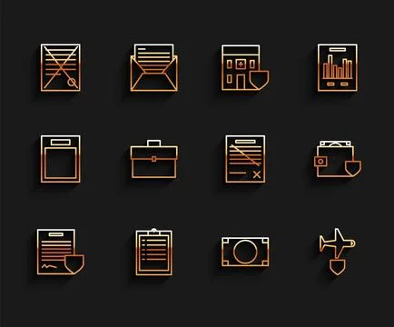 Set line Contract with shield, Clipboard checklist, Delete file document, Stacks Stock Illustration