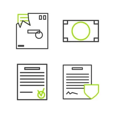 Set line Contract with shield, Confirmed document and check mark, Stacks paper 库存插图