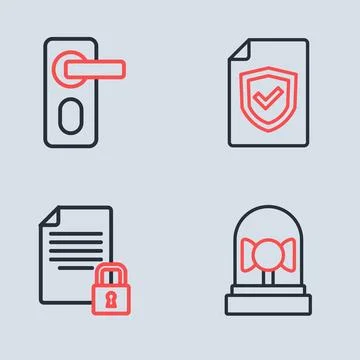 Set line Contract with shield Document and lock Ringing alarm bell and Finger Illustrazione stock