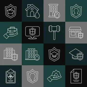 Set line Contract with shield, Graduation cap, Shopping building, Fire burning Ilustración de archivo