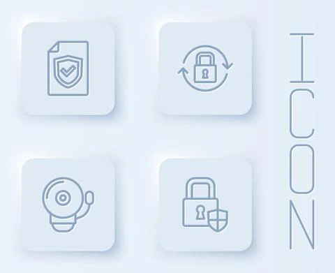 Set line Contract with shield, Lock, Ringing alarm bell and Shield security lock Stock Illustration