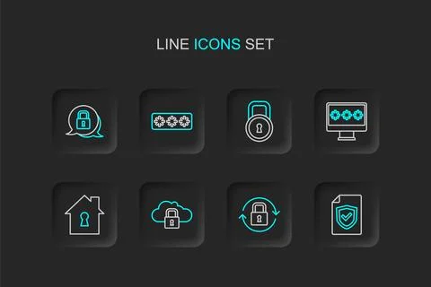Set line Contract with shield, Lock, Cloud computing lock, House under prot.. Stock Illustration