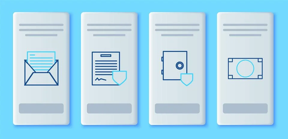 Set line Contract with shield, Safe, Mail and e-mail and Stacks paper money cash 스톡 일러스트