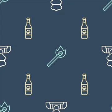 Set line Cook, Beer bottle and Burning match with fire on seamless pattern Illustrazione stock