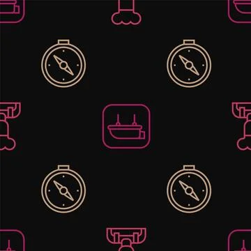 Set line Cook, Compass and Lifeboat on seamless pattern. Vector 스톡 일러스트