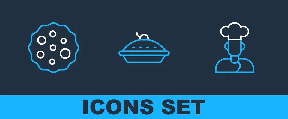 Set line Cook, Cookie or biscuit and Homemade pie icon. Vector Stock Illustration