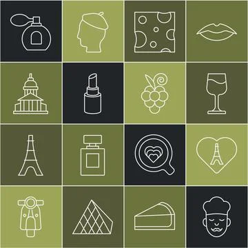Set line Cook, Eiffel tower with heart, Wine glass, Cheese, Lipstick, Museu.. 스톡 일러스트