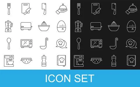 Set line Cookbook, Chef hat in speech bubble, Kitchen timer, Meat chopper Stock Illustration