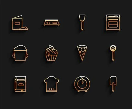 Set line Cookbook, Chef hat, Flour pack, Kitchen timer, Spatula, Cupcake, S.. イラスト素材