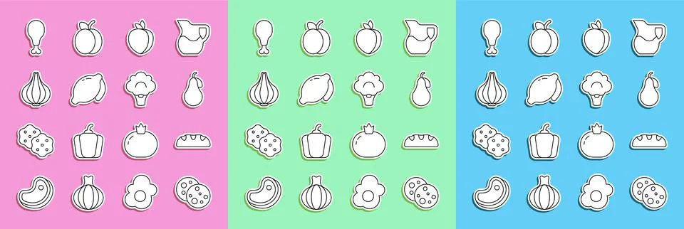 Set line Cookie with chocolate, Bread loaf, Pear, Plum fruit, Lemon, Garlic Stock Illustration