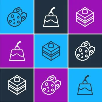 Set line Cookie or biscuit, Brownie chocolate cake and Pudding custard icon Stock Illustration