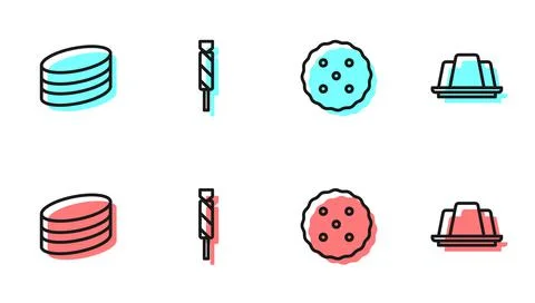 Set line Cookie or biscuit, Brownie chocolate cake, Candy and Jelly icon. Vector Stock Illustration