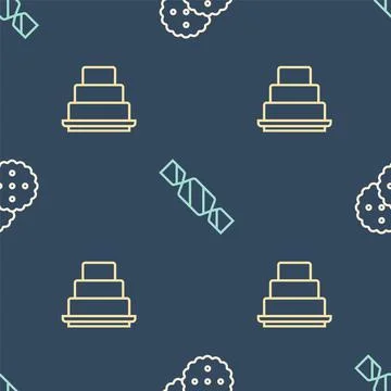 Set line Cookie or biscuit, Cake and Candy on seamless pattern. Vector Stock Illustration