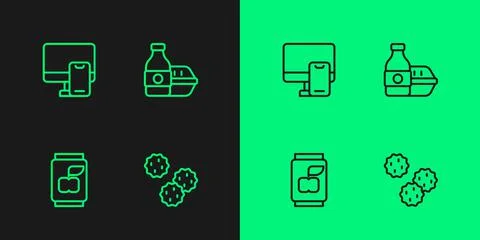 Set line Cookie or biscuit, Soda can, Online ordering food and icon. Vector Stock Illustration