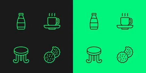 Set line Cookie or biscuit, Coffee table, Milk bottle and cup icon. Vector Stock Illustration