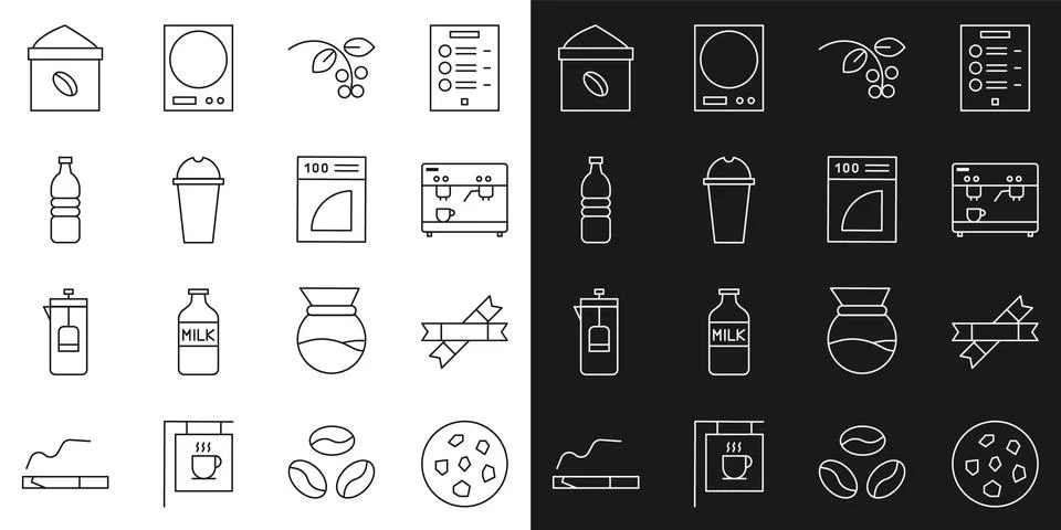 Set line Cookie or biscuit, Sugar stick packets, Coffee machine, bean, branch Stock Illustration