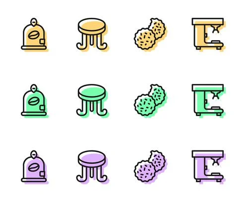 Set line Cookie or biscuit, Bag of coffee beans, Coffee table and machine icon Stock Illustration