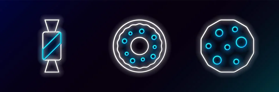 Set line Cookie or biscuit, Candy and Donut icon. Glowing neon. Vector Stock Illustration