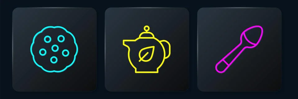 Set line Cookie or biscuit, Teaspoon and Teapot with leaf. Black square button Illustrazione stock