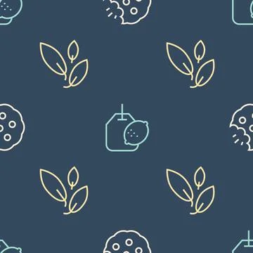 Set line Cookie or biscuit, Tea leaf and bag with lemon on seamless pattern Illustrazione stock