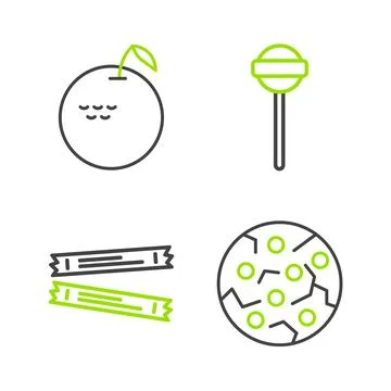 Set line Cookie or biscuit, Sugar stick packets, Lollipop and Apple icon. Vec Stock Illustration