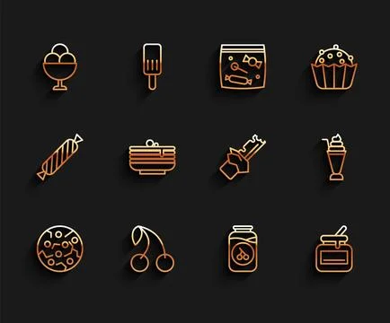 Set line Cookie or biscuit, Cherry, Ice cream in bowl, jam jar, Jar of honey Stock Illustration