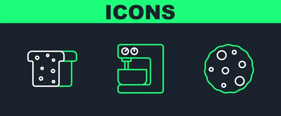 Set line Cookie or biscuit, Bread toast and Electric mixer icon. Vector 스톡 일러스트