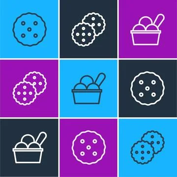 Set line Cookie or biscuit, Ice cream in bowl and icon. Vector Stock Illustration