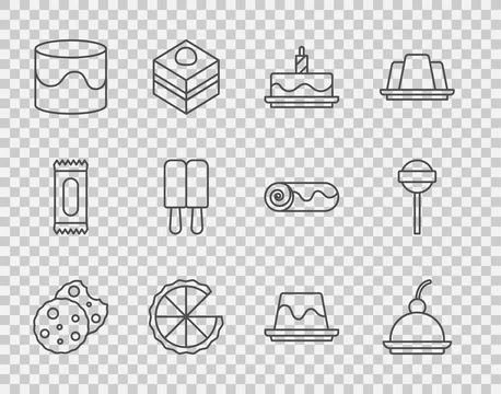 Set line Cookie or biscuit, Cherry cheesecake, Cake with burning candles Stock Illustration