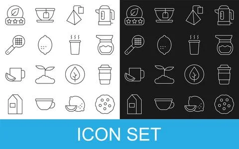 Set line Cookie or biscuit, Cup of tea, Teapot, bag, Lemon, strainer with handle Illustration