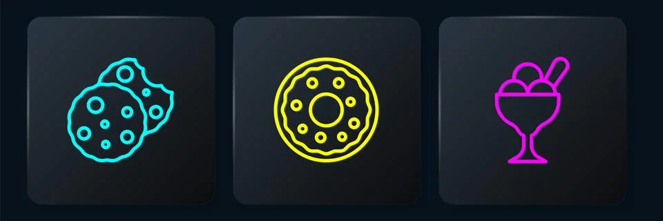 Set line Cookie or biscuit, Ice cream in bowl and Donut. Black square button Illustrazione stock